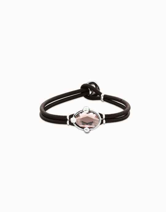 Pulsera de cuero y ba&ntilde;o en plata con cristal facetado ovalado rosa